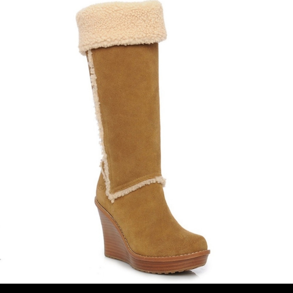 UGG Aubrie Tall Suede Wedge Sheepskin Boots